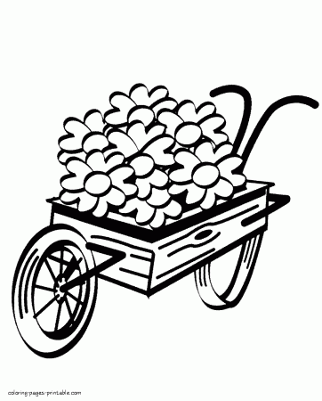 Wheelbarrow and spring flowers || COLORING-PAGES-PRINTABLE.COM