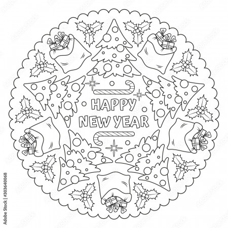 Coloring Page Mandala For Kids With Winter, Christmas and Happy New Year  Candy Cane, Gift Bags, Tree, Toys, Holly. Vector Illustration. Stock Vector  | Adobe Stock