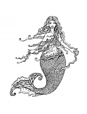 Mermaid with long hair - Mermaids Adult Coloring Pages