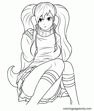 Cute Anime Girl with a Nice Haircut Sitting Coloring Pages - Long Hair  Anime Girl Coloring Pages - Coloring Pages For Kids And Adults