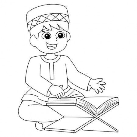 Premium Vector | Ramadan muslim boy reading quran isolated coloring