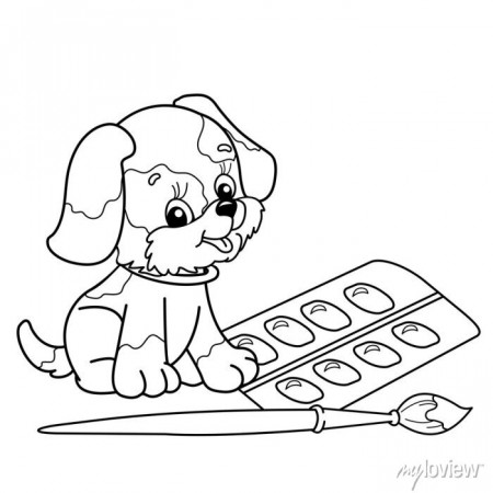Coloring page outline of cartoon little dog with brush and paints. canvas  prints for the wall • canvas prints kindergarten, education, childish |  myloview.com