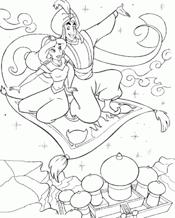 Aladdin Happy Flying With Jasmine Coloring Page | Kids Coloring Page