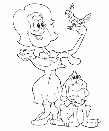 Dog Coloring Page Woman With Dog Cat And Bird