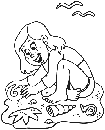 Beach Coloring Page | Girl Collecting Sea Shells