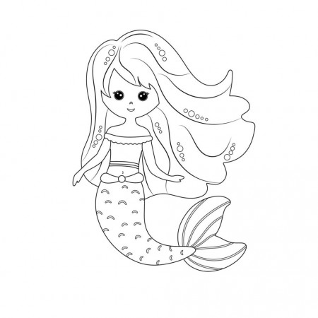 Cute little mermaid with long hair . Coloring book for children. Vector  black and white coloring page. 5220408 Vector Art at Vecteezy