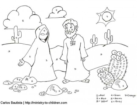 Jesus Overcomes Temptations Coloring Pages and Worksheets |  Ministry-To-Children | Sunday School Activities on Jesus in the Desert |  Free Printable Coloring Sheets for Kids | Religious Materials for Children  during Lent |