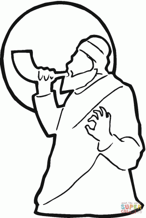 Man is Blowing Shofar Near the Moon coloring page | Free Printable Coloring  Pages