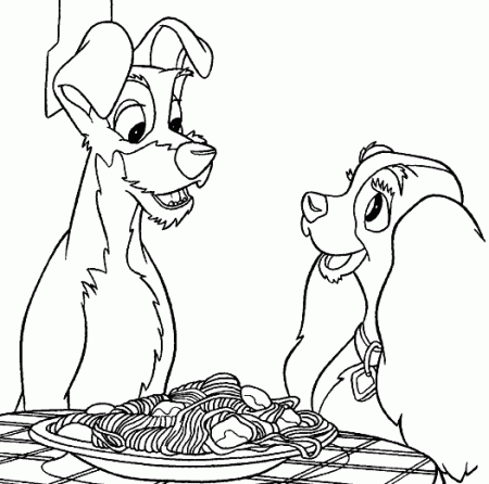 Lady and The Tramp Eating Spaghetti Coloring Page | Cartoon ...