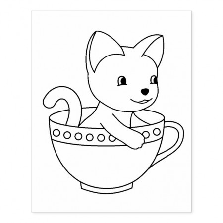 Kitten in a Cup - Cat in a Teacup Coloring Page Rubber Stamp ...