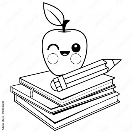 Stack of books, an apple and a pencil. Vector black and white coloring page.  Stock Vector | Adobe Stock