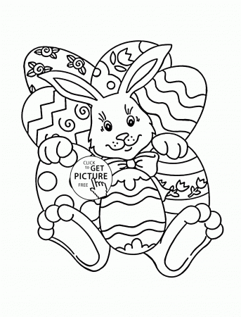 Easter Bunny with many Eggs coloring page for kids, holiday ...