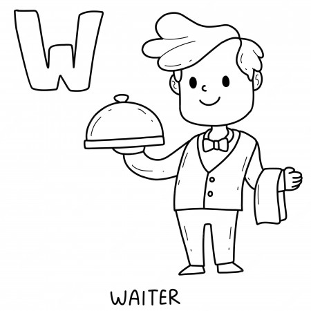 Premium Vector | Alphabet occupation waiter coloring book with word