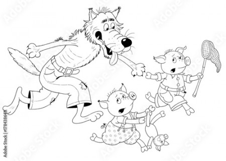 Three little pigs. Fairy tale. Cute pigs and a hungry wolf. Coloring page.  Illustration for children. Funny cartoon characters Stock Illustration |  Adobe Stock