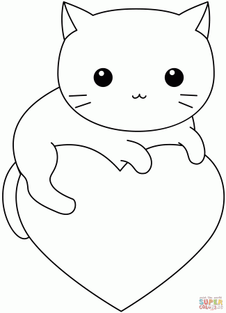 Kawaii Kitty on Heart coloring page | Free Printable Coloring Pages