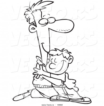 Vector of a Cartoon Father Kneeling to Hug His Son - Outlined Coloring Page  by toonaday - #18868