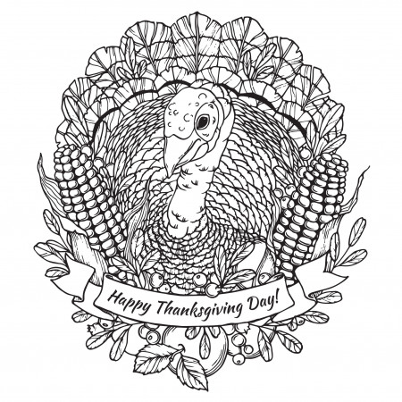 Thanksgiving day coloring page with turkey, vegetables (corn) and fruits