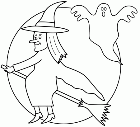 Witch on a broom with the moon and a ghost - Coloring Page (Halloween)