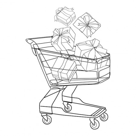Premium Vector | Shopping cart full of gift boxes with bats flying in the  air. line art drawing, vector illustration