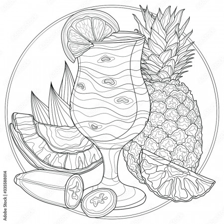 Exotic smoothie with fruits. Pineapple, coconut, banana and orange.  Delicious cocktail.Coloring book antistress for children and adults.  Illustration isolated on white background.Zen-tangle style. Stock Vector |  Adobe Stock