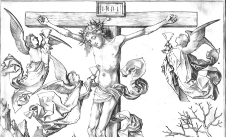 The Crucifixion with Four Angels (1475) by Martin Schongauer - Catholic Coloring  Page
