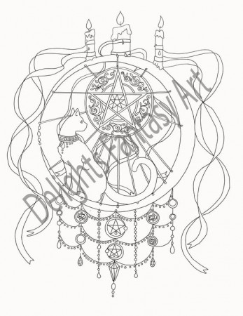 Wiccan Dreams coloring page line drawing black cat | Etsy