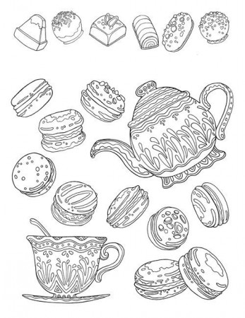 Free printable coloring page for adults, hand drawn 'tea time'  illustration. Macarons, tea pot and cup… | Tea time illustration, Coloring  pages, Love coloring pages