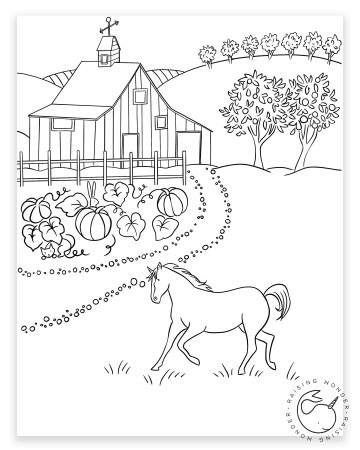 Single Coloring Page-Horse and Farm – Sarah Jane Studios