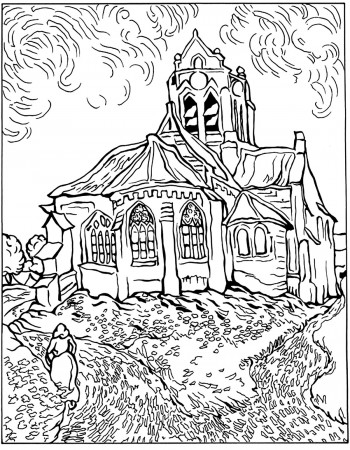 Vincent Van Gogh - The church at Auvers - Masterpieces Adult Coloring Pages