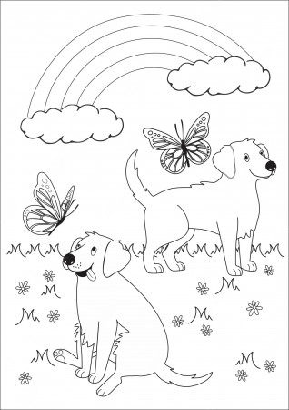 Premium Vector | Coloring page about golden retriever dogs and butterflies  with rainbow