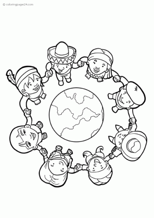 Kids holding hands and forms a circle that goes around earth | Coloring  Pages 24