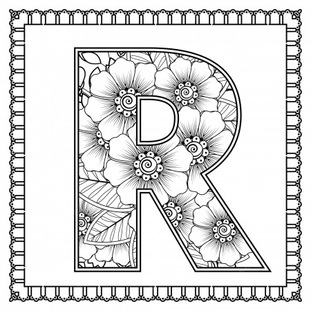 Premium Vector | Letter r made of flowers in mehndi style coloring book page  outline handdraw vector illustration