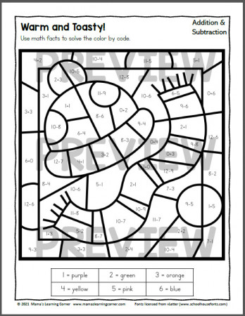 Winter Color by Addition and Subtraction Worksheets - Mamas Learning Corner