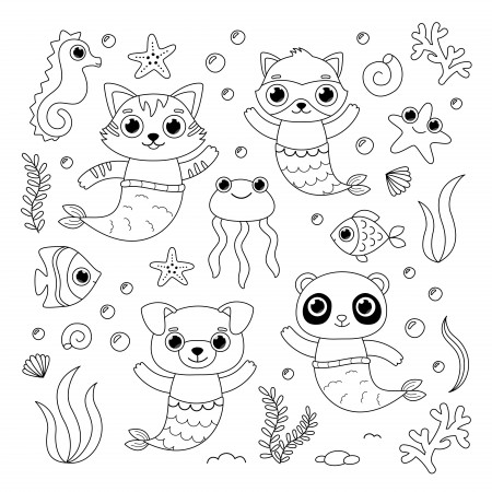 colouring page mermaid set cute animals with big eyes 3135435 Vector Art at  Vecteezy