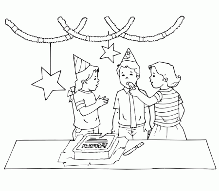 Birthday Coloring Page | A Boy and 2 Girls At a Party