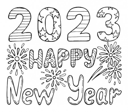 Premium Vector | Coloring book happy new year 2023 hand drawn line art  festive black white illustration coloring page for kids and adults