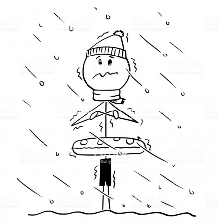 Cartoon Of Chilled Man Or Tourist Standing In Water In Cold ...