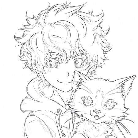 Printable Anime Boy and Cat Coloring ...