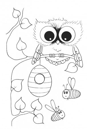 Cute Owl With Bees Coloring Pages - Owl Coloring Pages : Free 