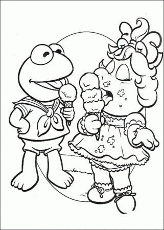 Baby Kermit And Miss Piggy Are Eating Ice Cream Coloring Online 