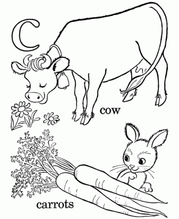 Letter C, Cow and Carrots Coloring pages for kids – Preschool 