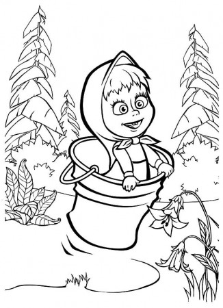 Masha and the Bear Jumping on Bucket Coloring Pages | Color Luna