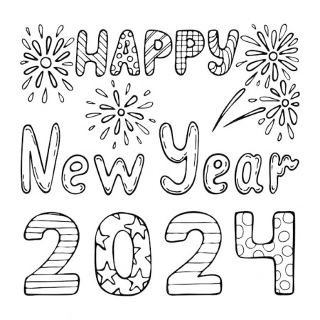 Premium Vector | Happy new year 2024 coloring book hand drawn line art  illustration