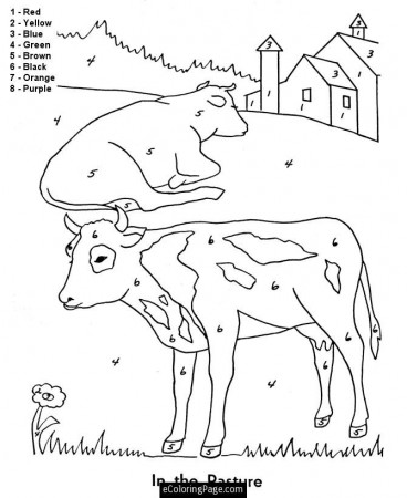 Color By Numbers Cows In a Pasture on a Farm Coloring Page for 