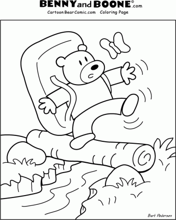 Cartoon grizzly Bear coloring page featuring Benny Bear hiking