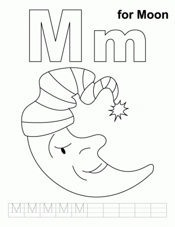 M for moon coloring page with handwriting practice | Download Free 