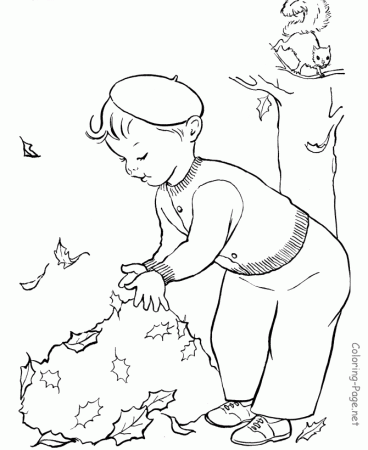 Fall Coloring Book Page - Little boy raking leaves