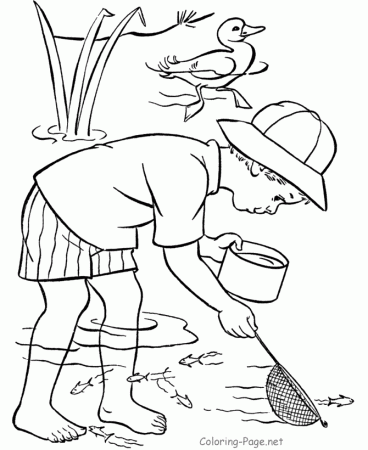 Summer Coloring Book Page - Dipping for minnows