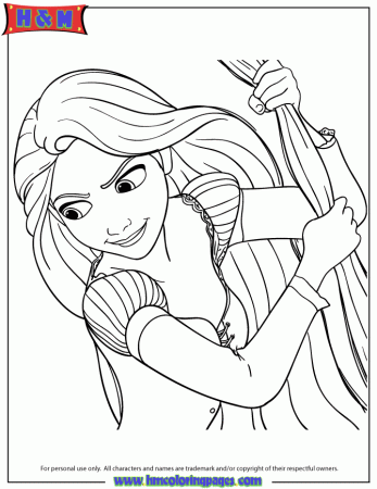 Rapunzel Swinging From Long Hair Coloring Page | Free Printable 
