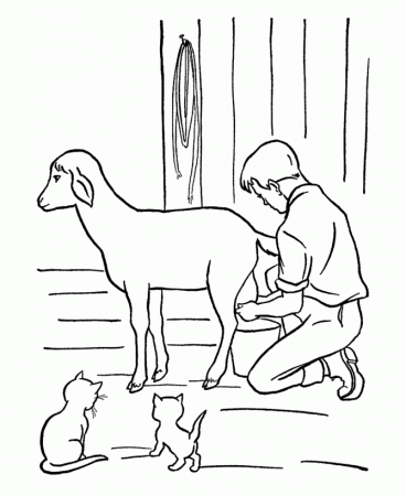 Farm Work and Chores Coloring Pages | Printable Boy milking a goat 